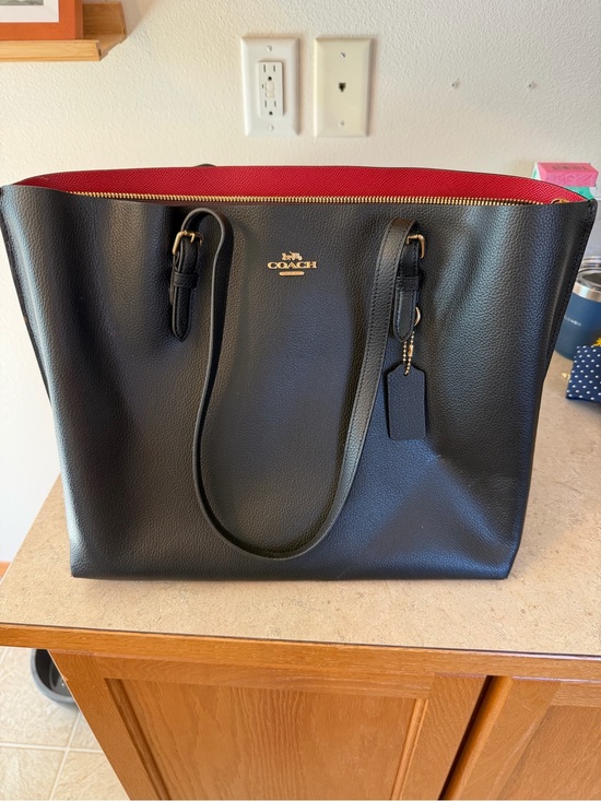 Coach Handbags - Coach Black Leather Tote with Red Interior and Gold Hardware